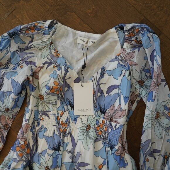 NWT Hale Bob Paisley Printed V-Neck Button Down Mini Dress in Blue size XS - Picture 4 of 7